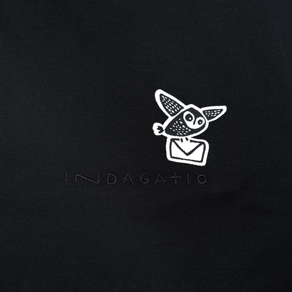 Black cotton t-shirt with Strix aluco owl design, sustainably made in Portugal by Indagatio.